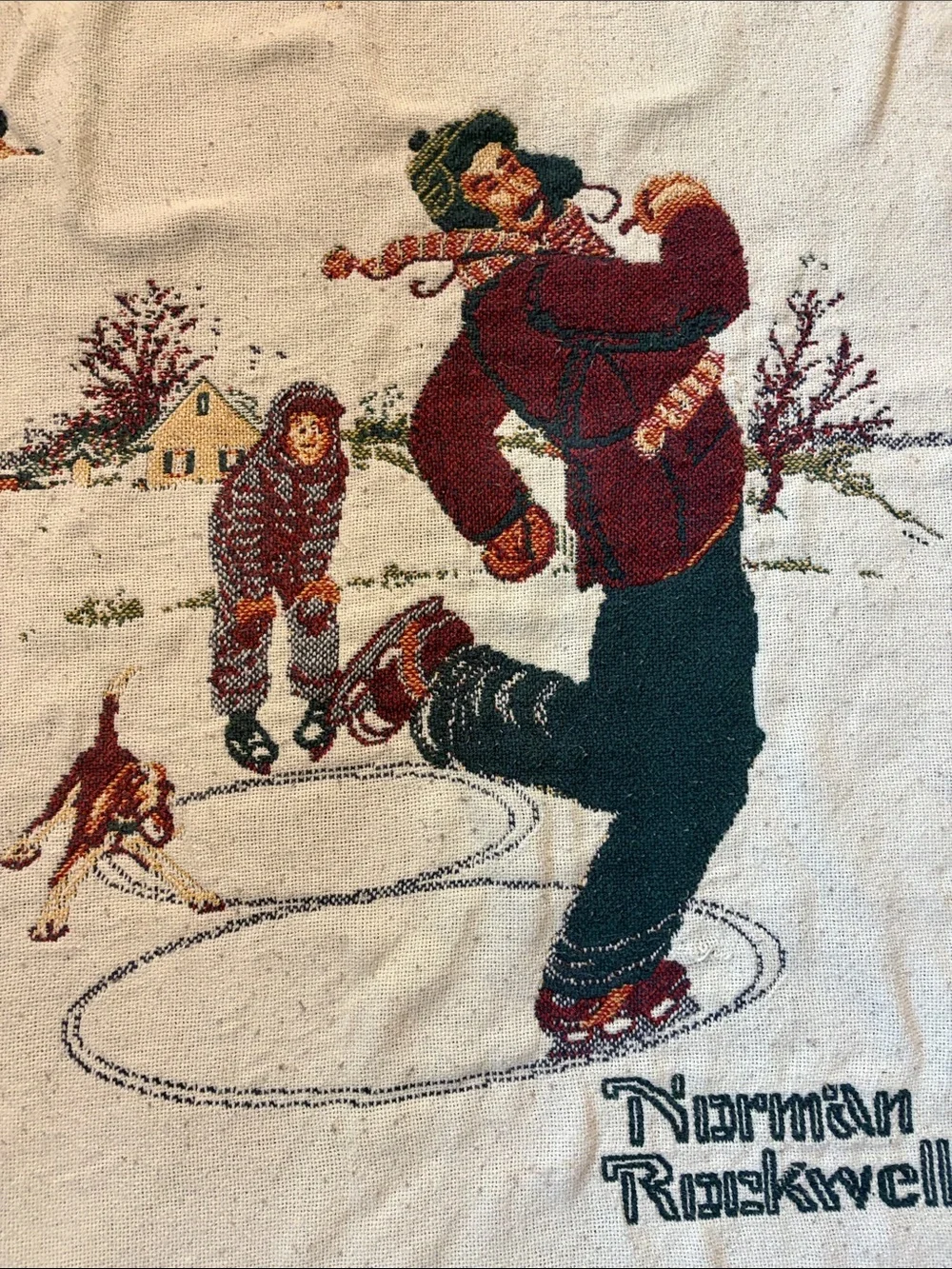 VTG Norman Rockwell Four Seasons Woven Tapestry Throw Blanket Fringed Americana